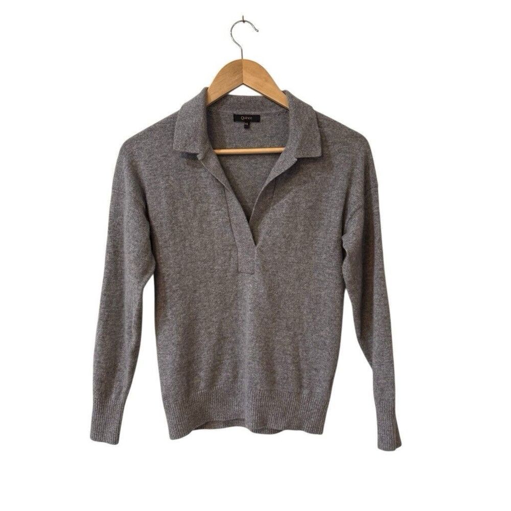 Quince Mongolian Cashmere Polo Sweater Womens XS Blue Pullover Deep V Neck